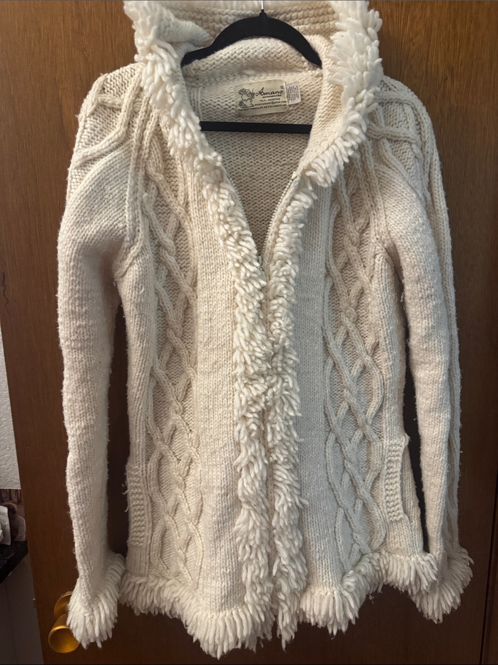 Cozy Cream Cable-Knit Hooded Cardigan with Fluffy Trim 100% Wool